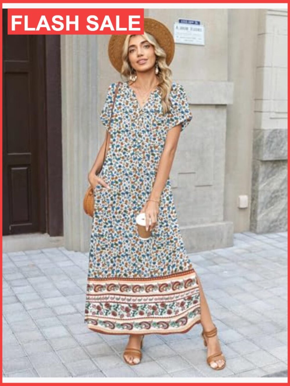 Maxi Dress Short Sleeve V-Neck Side Slit Pockets Summer Casual Sundress - Picture 4 of 7